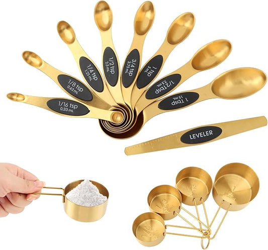 Gold Measuring Cups and Spoons Set, 13-Piece Stainless Steel, 4 Nesting Cups + 8 Double-Sided Measuring Spoons + Leveler, Engraved Sizes, Gold Finish for Cooking and Baking