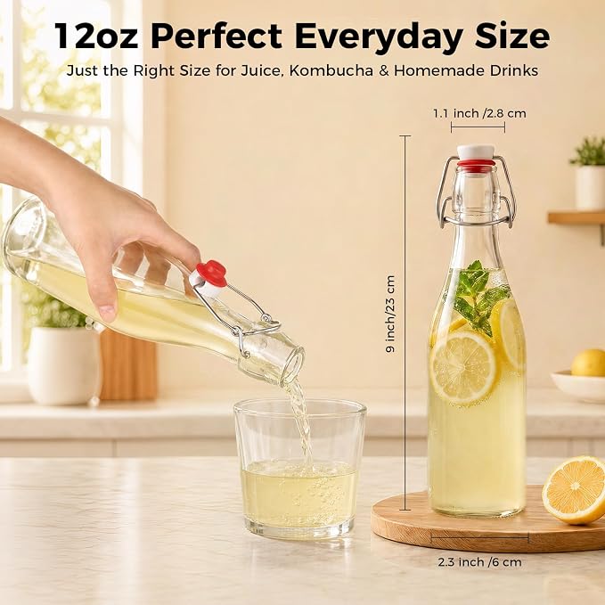 Ruckae Swing Top Glass Bottles,Flip Top Glass Bottle with Lids Sealable Kombucha Bottle for Brew Beer Syrup Vanilla Extract Air Tight Bottles for Gift (12 oz 10 pack)