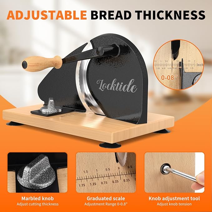 Manual Bread Slicer for Homemade Sourdough Bread, Hand Crank Bread Slicer With Scale Line, Suction Cups and Quality Solid Wood Base, Adjustable Thickness, Evenly Slice