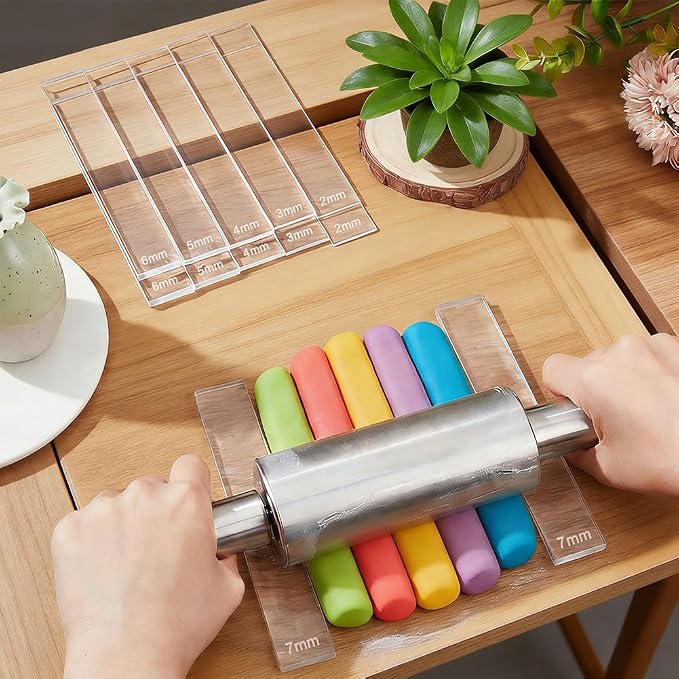 12Pcs 6 Size Acrylic Polymer Clay Depth Guide Set, 2,3,4,5,6,7mm Adjustable Clay Rolling Pin Guide, Roller Depth Guides Pottery Tools for Polymer Thickness (Color:Clear)