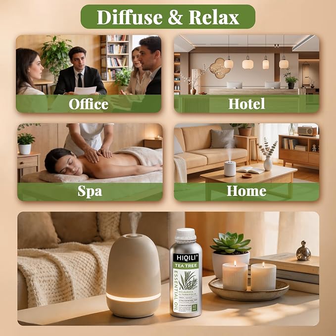 HIQILI Tea Tree Oil for Skin, Hair, Nail, Diffuser, Soap Making | Includes Four Portable Decanters - 1000mL / 32 fl.oz