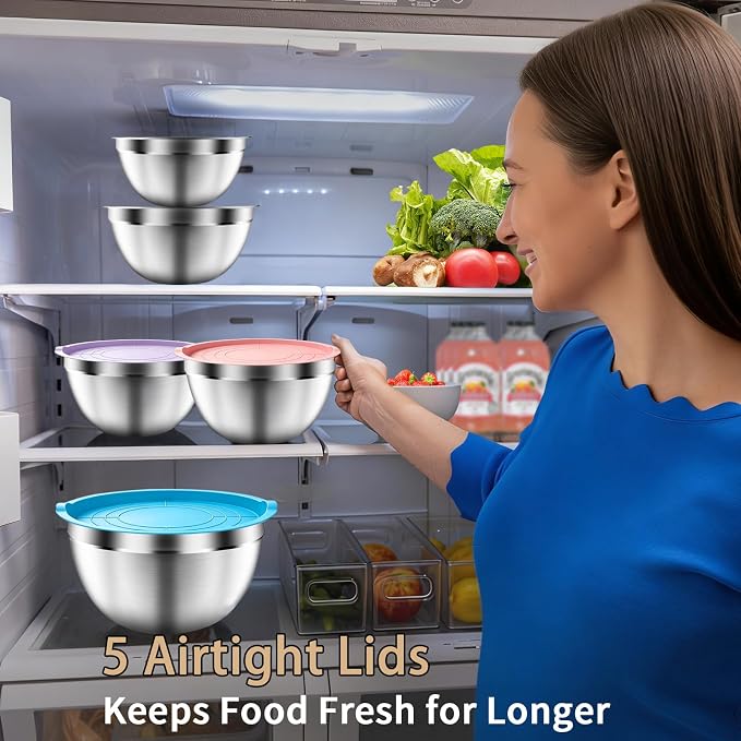 Mixing Bowls with Airtight Lids Set, 5 PCS Stainless Steel Colorful Nesting Bowls for Kitchen, Large Prep Metal Mixing Bowls for Kitchen, 5.5/4/3.5/2/1.5 QT for Mixing & Serving