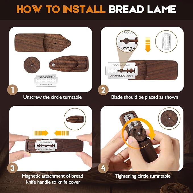 Magnetic Bread Lame Dough Scoring Tool,Lame Bread Tool with Turntable Design,Bread Scoring Knife for Bread Baking & Sourdough Baking,Bread Razor Tool with 5 Razor Blades-Black Walnut Wood