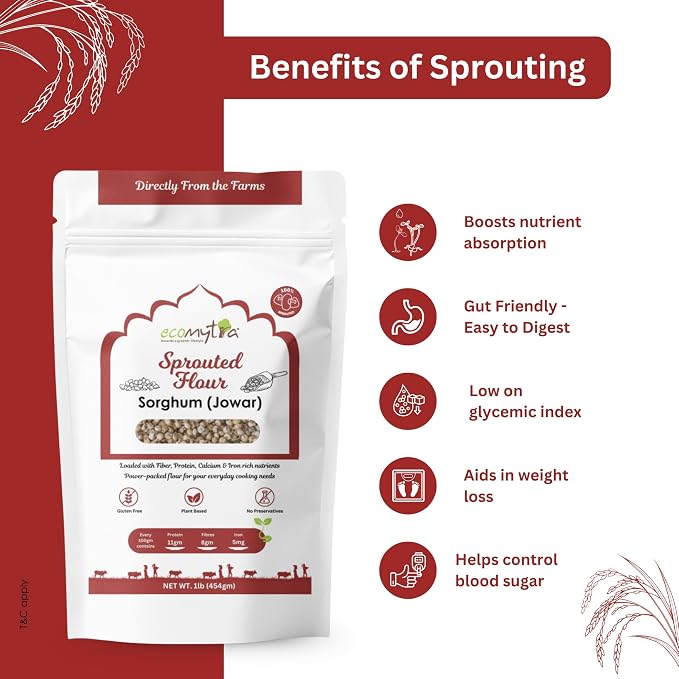 Ecomytra Sprouted Sorghum Flour - Jowar, Gluten Free Ancient Grain 1lb | 100% sprouted jowar (great millet), gluten free ancient grain. High fiber, non-GMO. For roti, baking & porridge
