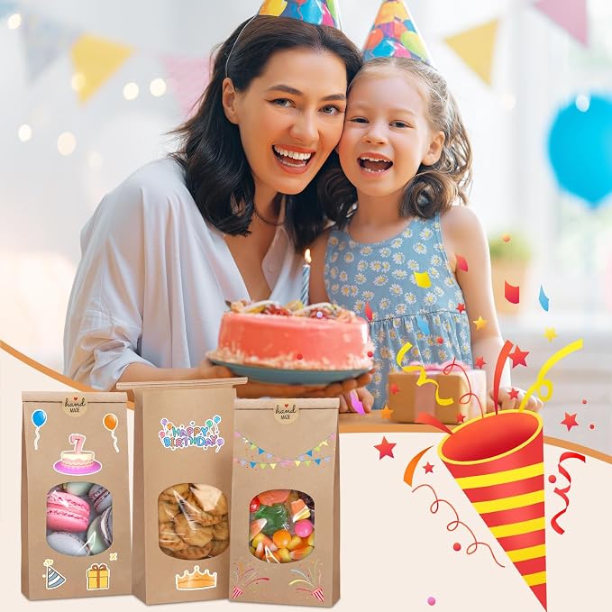 Eupako 4.5x2.36x9.6" Bakery Bags With Window - 50 PCS Brown Tin Tie Tab Lock Kraft Paper Bags for Cookies, Coffee - Includes 50 PCS Handmade Stickers