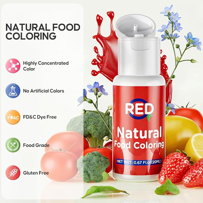 Natural Food Coloring- 20 Milliliters Dye Free Natural Food Coloring, FD&C & Artificial Dye Free Formula for Baking, Icing and Cooking, Cakes, Cupcakes, Frosting，Easter Eggs & Holiday Treats (RED)