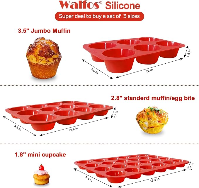 Walfos Silicone Muffin Pan - Set of 3, Including 24 Mini, 12 Regular & 6 Jumbo Muffin Pans, Easy Pop Out, BPA Free, Dishwasher Safe