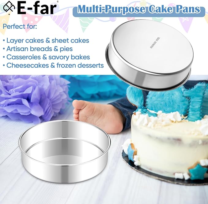 E-far 8 Inch Cake Pan Set of 2, Stainless Steel Round Baking Pans Tins Mold - Non-Toxic & Leak-Proof for Birthday Wedding Layer Tiered Cake, Easy Clean & Dishwasher Safe