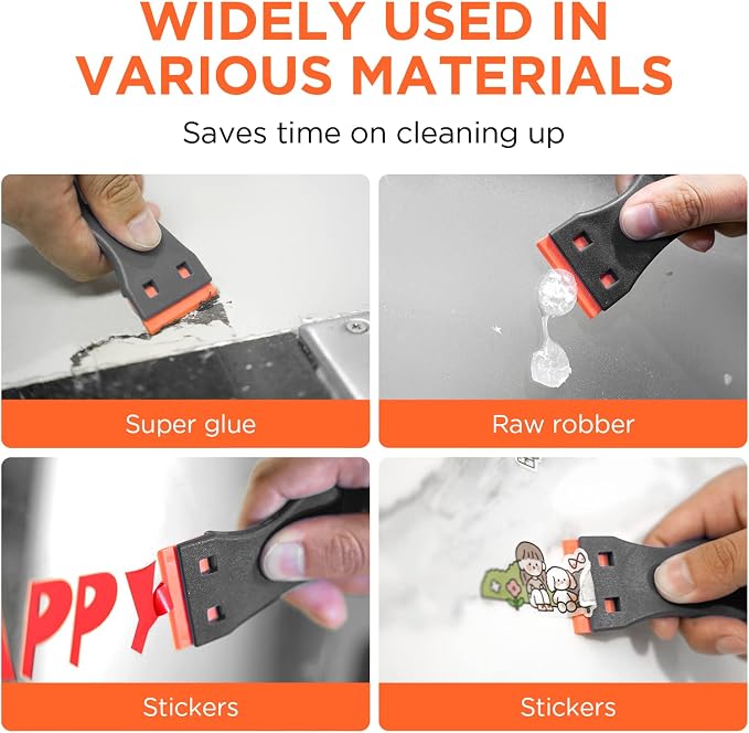 Plastic Razor Blades Scraper Tool - 2 Pack Wall Paint Remover with 100 PCS Blades Kit No Scratch Car Window Glass Wood Sticker Removal Floor Stove Kitchen Vinyl Adhesive Decal Tape Cleaning