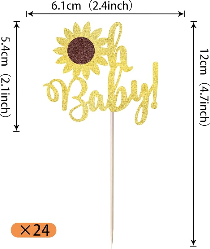 24 Pack Gold Glitter Sunflower Baby Shower Cupcake Toppers