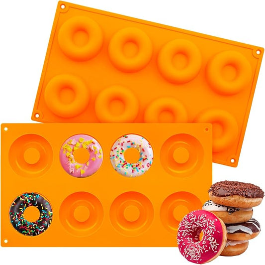 2er Pack Silicone Donut Mold - Non-Stick Silicone Doughnut Pan DIY Chocolate Baking Cookie Molds, Heat Resistant, Make Donut Cake Biscuit Bagels, BPA Free Dishwasher Safe (orange, 8 Cavities)