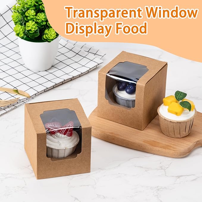 BOOMIBOO 50 Pack Individual Cupcake Containers, Cupcake Boxes with Window, Food Grade Cupcake Holders with Inserts, Stackable Deep Cupcake Carrier Easy Transport and Presentation (Brown)
