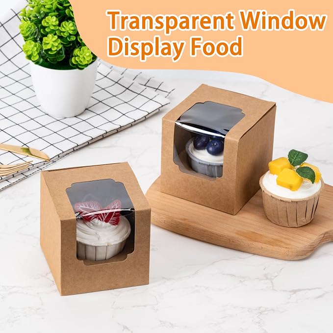 BOOMIBOO 25 Pack Individual Cupcake Containers, Cupcake Boxes with Window, Food Grade Cupcake Holders with Inserts, Stackable Deep Cupcake Carrier Easy Transport and Presentation (Brown)