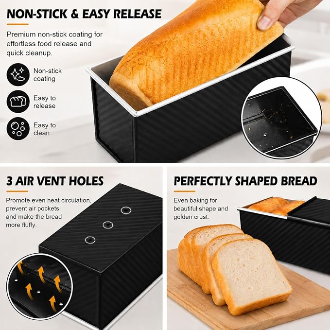 Bread Loaf Pan with Lid, 2-Pack, 2.2LB & 1LB | Food-Grade Nonstick Coating, Easy Release, Perfect Loaf Shape, Corrugated Design, Oven Safe up to 450°F