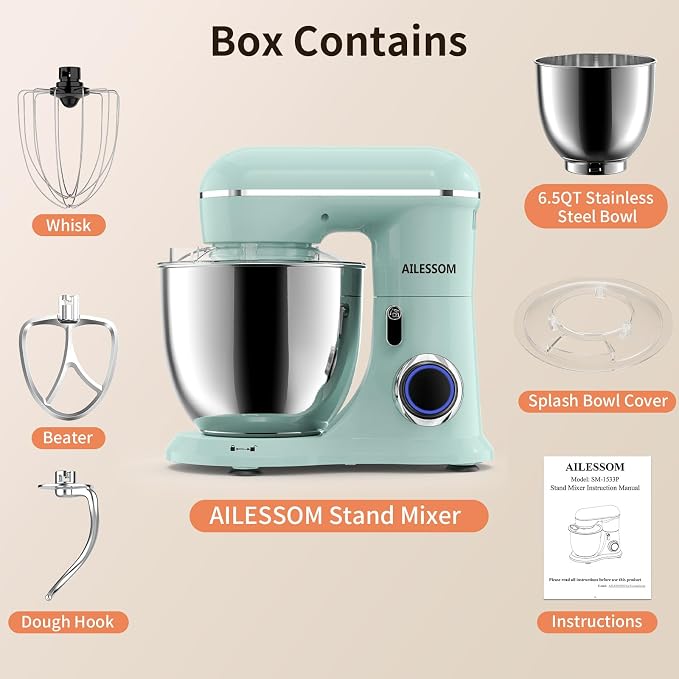 SAMSAIMO 3-IN-1 Electric Stand Mixer, 10-Speed With Pulse Button, Attachments include 6.5QT Bowl, Dough Hook, Beater, Whisk for Most Home Cooks, Agave Green