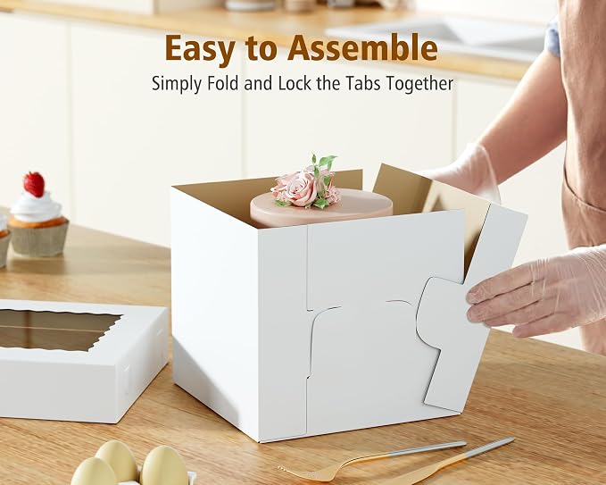 10Pcs Corrugated Cake Boxes in 2 Sizes - 12x12x12 & 10x10x10 Inch Tall Cake Box with Window, Thick Bakery Dessert Boxes, Disposable Cardboard Cake Carrier for Layer Cakes, Birthday, Wedding, Party
