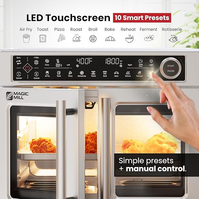 Magic Mill Ultra-Premium Air Fryer Toaster Oven Combo With Independent Dual-Zone Technology, Extra Large 32QT French Door Stainless Steel Convection Oven, Next-Gen Patent Technology, 13 accessories