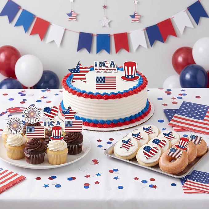 50PCS Edible American Flag Cake Decorations Patriotic Wafer Cupcakes Toppers for 4th of July, Independence Day Parties & Birthday Celebrations (50, American Flag & Star)