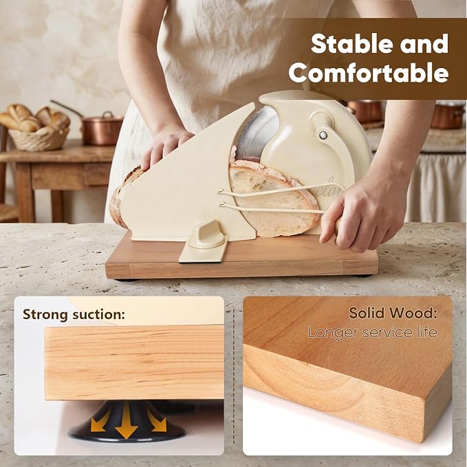 Foldable Manual Bread Slicer with Wooden Board & Foldable Handle,0-0.9" Adjustable Thickness,Serrated Blade & Suction Cup,Bread Slicer for Homemade Sourdough Bread,Soft Bread,Bagels,and More
