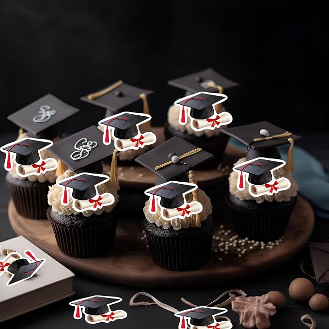 48pcs Edible Graduation Cap Cupcake Toppers Wafer Paper Red Grad Cap Diploma Cake Decorations Edible Grad Cap Cupcake Picks for 2026 Graduation Theme Party Cake Decor Supplies