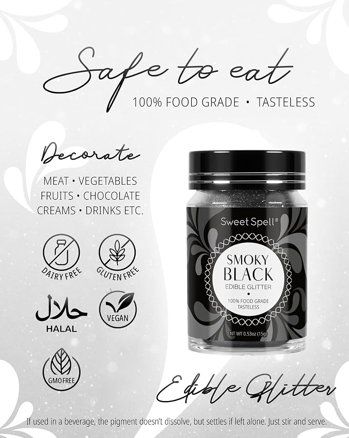 Sweet Spell Edible Glitter (15g) - Shimmer Sparkles for Drinks, Cakes, Cocktails - 100% Edible & Food Grade Glitter, Vegan, Gluten-Free (Black)