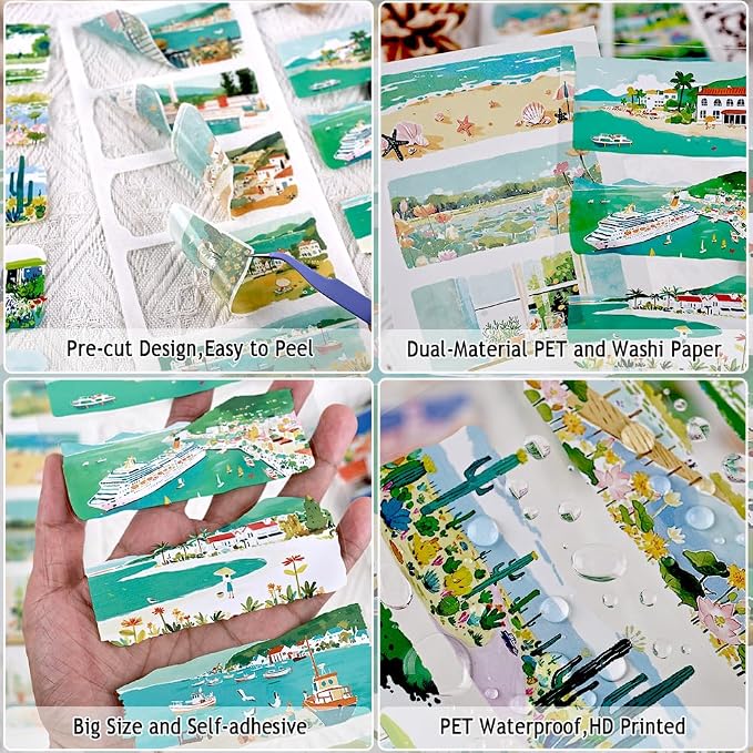 20 Sheets Diecut Summer Scenery Scrapbook Sticker Book for Scrapbooking, Dual Materials - PET and Washi Stickers for Journaling, Junk Journal Supplies, Collage, 4.5X 9.8 Inches