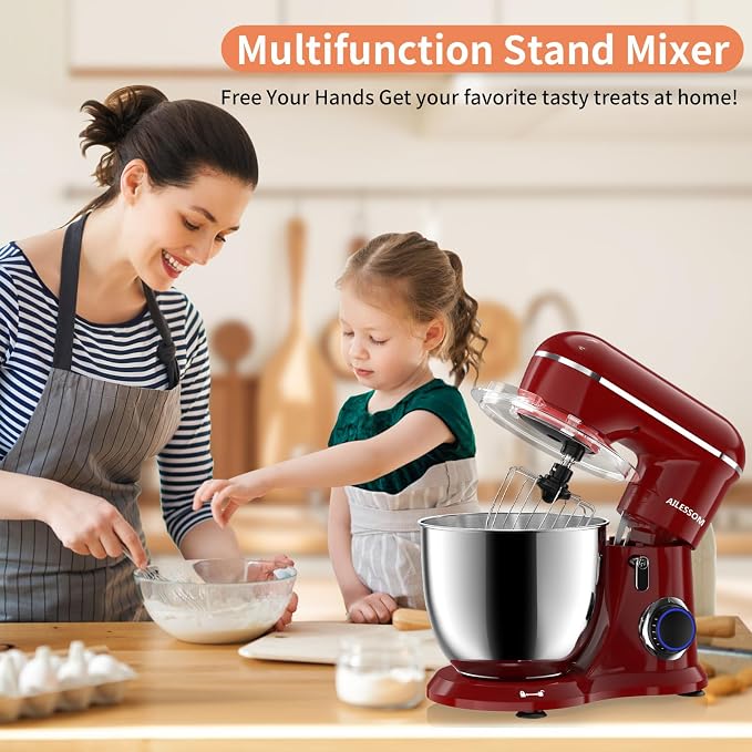 SAMSAIMO 3-IN-1 Electric Stand Mixer, 10-Speed With Pulse Button, Attachments include 6.5QT Bowl, Dough Hook, Beater, Whisk for Most Home Cooks (Empire Red)