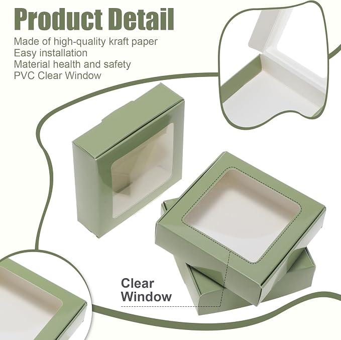 Zonon 60 Pcs Kraft Paper Boxes with Window 4.13 x 4.13 x 1.18 Inch Candy Packaging, Small Gift Boxes, Soap holder, Mini Treat Packaging for Bakery Chocolate Jewelry Display (Sage Green)