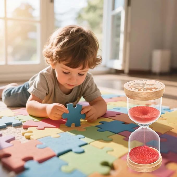 3 Minute Sand Timer, Wooden Hourglass Sand Clock, Small Wood Red 3 Min Hour Glass, Five Minutes Sandglass for Brushing Teeth, Reloj De Arenai, Classroom, Game, Kitchen, Home, Office