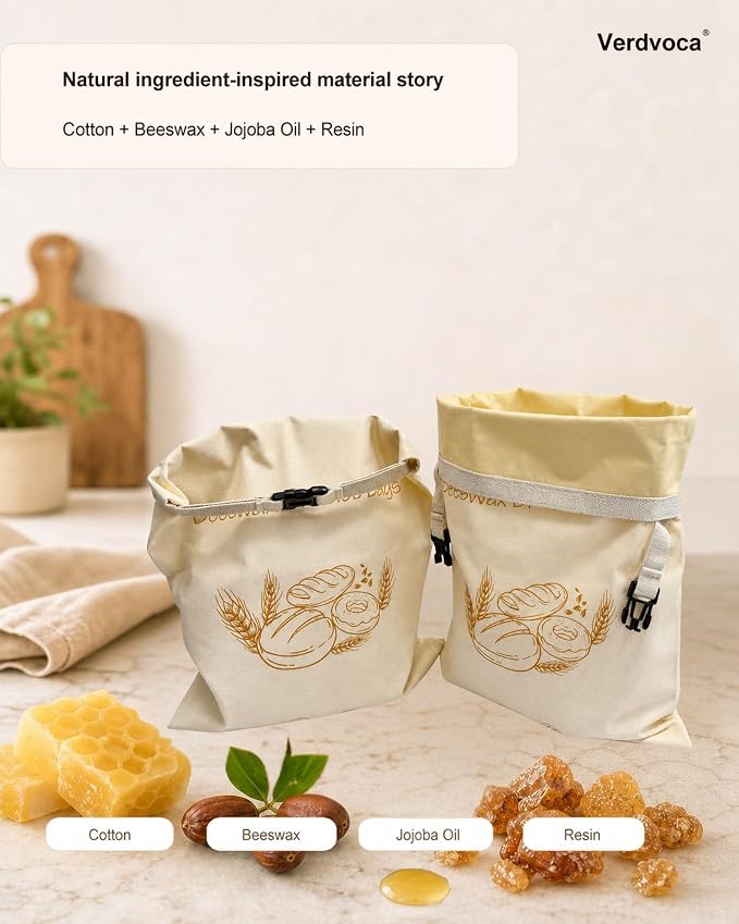 Beeswax Bread Bags for Sourdough, 2 Pack XL Reusable Organic Cotton Linen Bread Storage Bags with Lock Buckle, Natural Bees Wax Bread Bag for Homemade Bread, Freezer Friendly Food Storage, Keep Fresh