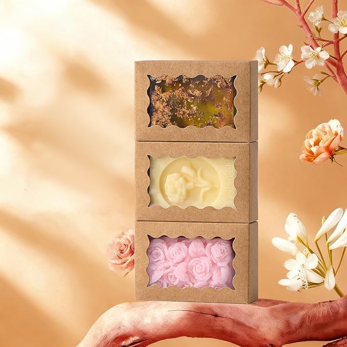 JCXGRVC 100PCS 3.5"x2.36"x1.2" Brown Soap Boxes with Window Homemade Soap Packaging, Small Gift Boxes for Bakery, Macarons, Cookies, Candies & Party Favors
