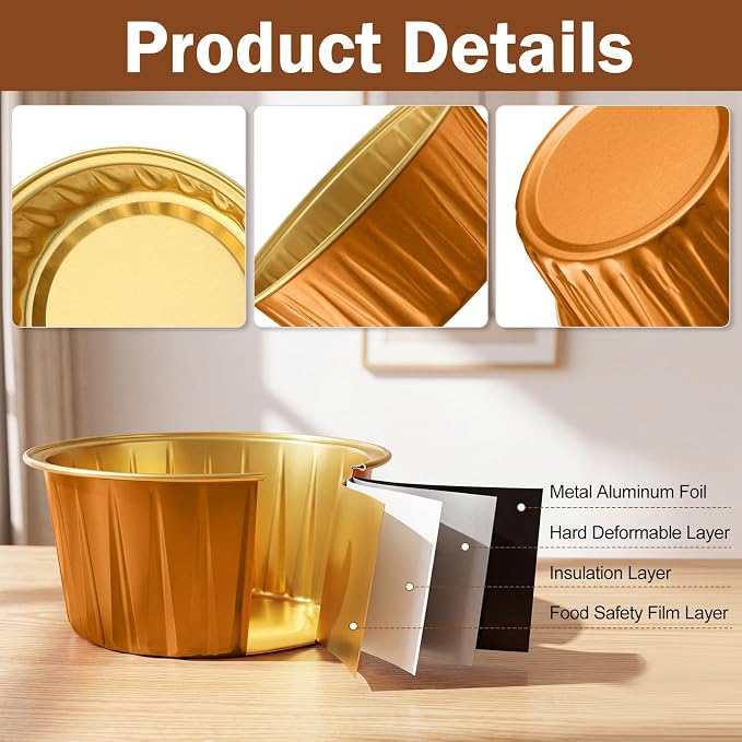 200 Pack Aluminum Foil Cupcake Liners with Lids, 5 oz Round Baking Cup, Disposable Ramekin Container for Graduation Wedding Independence Day Party(Bronze Gold,Plain)