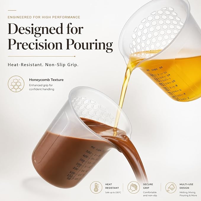 Palksky Silicone Measuring Cups Set 2-Cup with Jar Spatula, Microwave Safe, Honeycomb Heat-Control Grip, Easy-Read Liquid Measuring for Baking, Cooking & Chocolate Melting