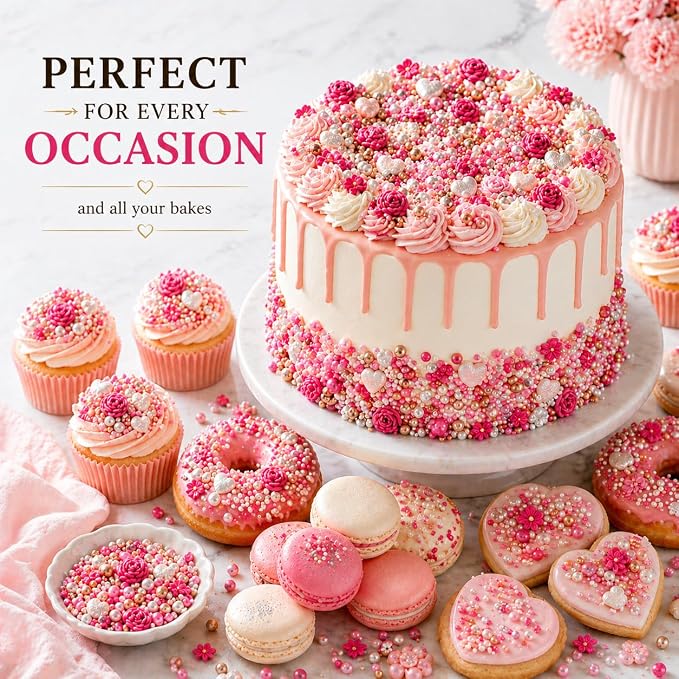 Confect Pink Mini Roses I Silver Hearts & Vermcelli and White Pearls | Anniversary Sprinkles | Sprinkles for Baking & Cake Decorative | Edible sprinkles - Vegan, Gluten-Free, Nut-Free, Soy-Free, Dairy-Free , Handcrafted Sprinkle 5 Oz