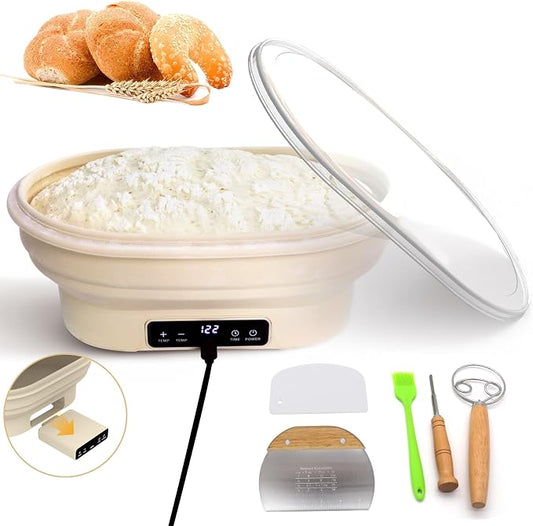 Heating Sourdough Starter Kit, Electric Thermostatic Silicone Bread Proofing Basket Set with 6 Timer & Temp Settings Dishwasher Safe, Foldable Sourdough Starter Bowl, Starter Baking Kit Gift