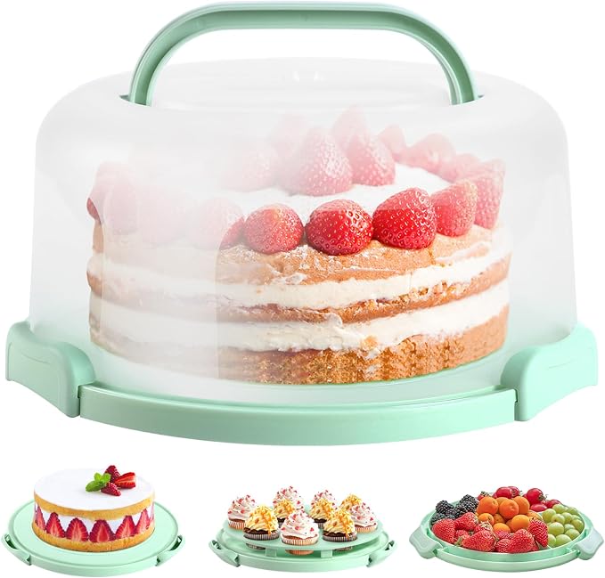 Cake Carrier with Lid and Handle, Ohuhu BPA-Free Cake Containers Cake Holder for 10 inch Cake with 2 Handle Cupcake Carrier - Plastic Cover Two Sided Base for Transport Pie Nut Fruit Mothers Day Gifts