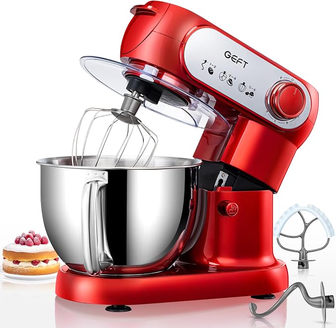Stand Mixer, 6 QT 600W Tilt-Head Dough Mixer, 6+P speed Mixers Kitchen Electric Stand Mixer with Stainless Steel Bowl, Dishwasher-Safe Dough Hook, Flat Beater, Wire Whisk, Splash Guard, Red