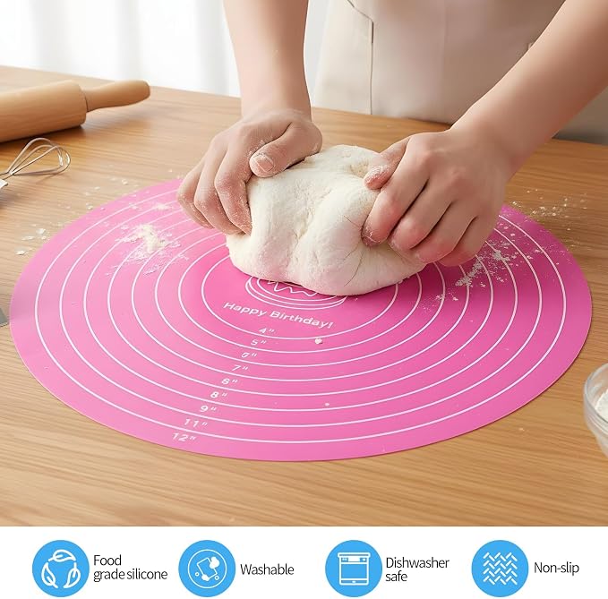 2 Pcs Silicone Cake Mat, 12 Inch Round Silicone Baking Mat with Measurements Pink Blue Turntable Pastry Mats Non-Stick Heat Resistant Reusable Cookie Pad for Rolling Dough Pizza Pan