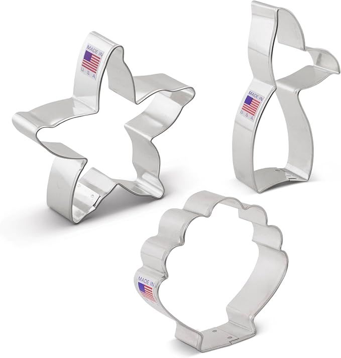 Ann Clark Mermaid Cookie Cutters 3-Pc Set Made in USA, Mermaid Tail, Starfish, Seashell
