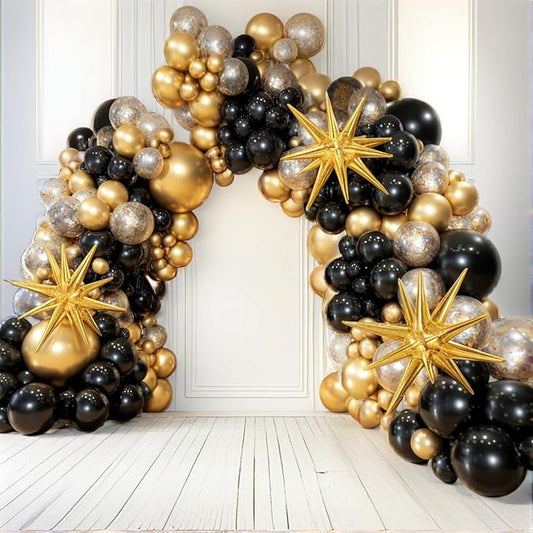PartyWoo Black and Gold Balloon Arch Kit Garland 140pcs Different Sizes of 18 12 10 5 Inch Black Metallic Gold Confetti 22 Inch Star Balloons for Graduation Birthday New Year's Eve Party Decorations