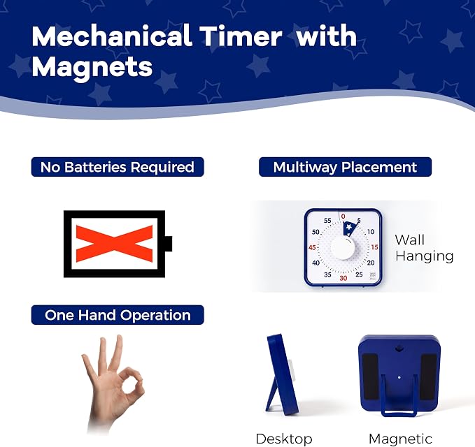 TWENTY5 SEVEN Countdown Timer 7.5 inch; Patriotic 60 Minute 1 Hour Visual Timer, Classroom Teaching Tool Office Meeting, Mechanical Magnetic Countdown Clock for Kids Exam Time Management, Blue