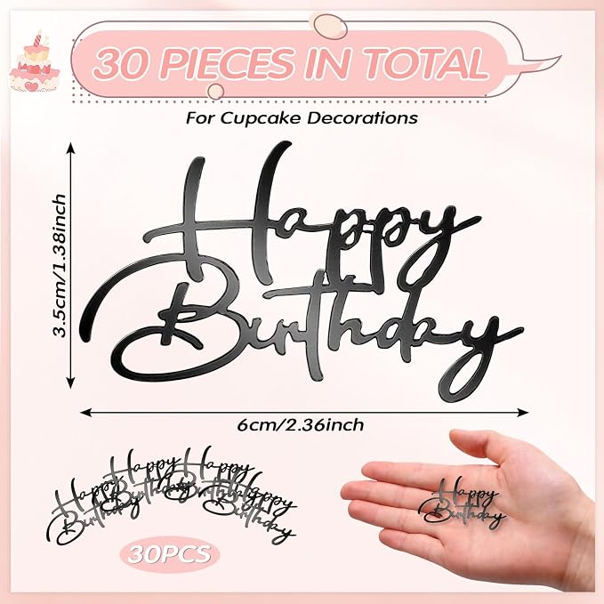 Weysat 30 Pcs Black Mirror Acrylic Cupcake Toppers Happy Birthday Cake Decorations for Birthday Party Cupcake Toppers