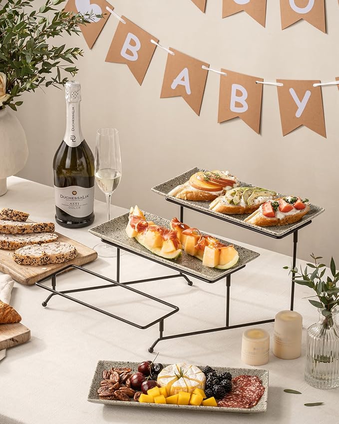LAUCHUH 3 Tier Serving Tray, Porcelain Serving Platters and Trays for Party 12 Inch Tiered Tray Stand Cupcake Stand with Collapsible Sturdier Rack for Father's Day Serving Food, Speckled Gray