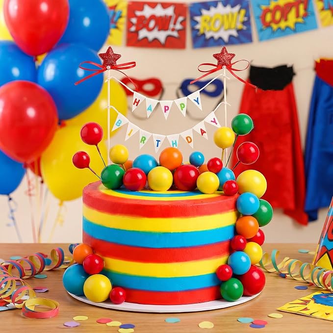 31 Pcs Happy Birthday Cake Topper Cake Bunting Topper Banner with Wood Pole Rainbow Garland with Bow Ribbon Balloon, Mini Cupcake Decor for Birthday Baby Shower (Rainbow Color)