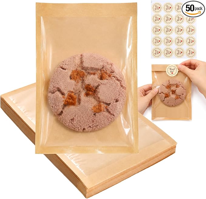 Cookie Bags with Seal(5.1x7.5 Inch) 50 PCS Sealable Bakery Bags for Bread Treat Snack Baked Goods Pastry Donut Cookie Bake Sale Packaging Heat Seal Farmstand Small Business Party Favors Supplies