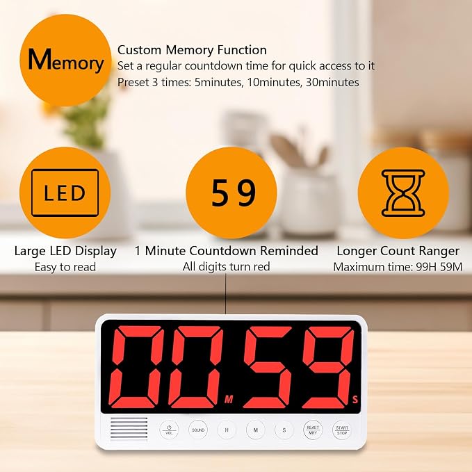 Digital Kitchen Timer - 7.1” Extra Large Display LED Magnetic Rechargeable Countdown/Up Timer, w/6 Alarms 4 Levels Volume Memory Function for Cooking, Classroom, Office, Home Gym(Black)
