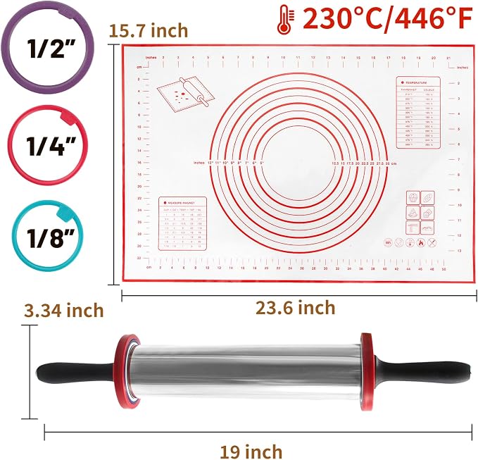 SHIKORI Rolling Pin,Adjustable Rolling Pin with Thickness Rings, Stainless Steel Dough Roller Baking Supplies for Pizza Pastry Fondant Pie Pasta-Black