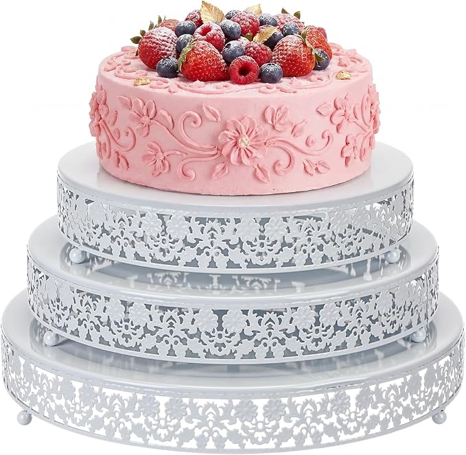 Wenqik 3 Pcs 16'' 14'' 12'' Metal White Cake Stand Round Cake Stands for Dessert Table Cookies Fruit Serving Tray Cupcake Dessert Pastry Riser for Wedding Birthday Party and Events (Traditional Style)