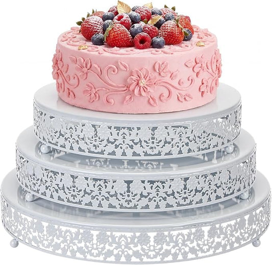 Wenqik 3 Pcs 16'' 14'' 12'' Metal White Cake Stand Round Cake Stands for Dessert Table Cookies Fruit Serving Tray Cupcake Dessert Pastry Riser for Wedding Birthday Party and Events (Traditional Style)