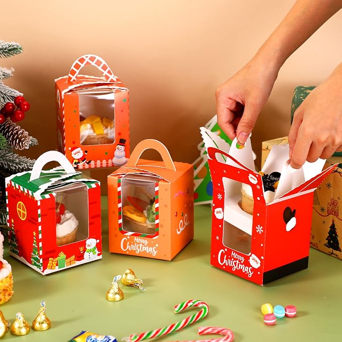 TaoBary 24 Pcs Christmas Cupcake Boxes Xmas Individual Cupcake Box Christmas Cookie Boxes with Window Insert Handle Muffin Pastry Holder Bakery Treat Box for X-mas Party(Gingerbread)